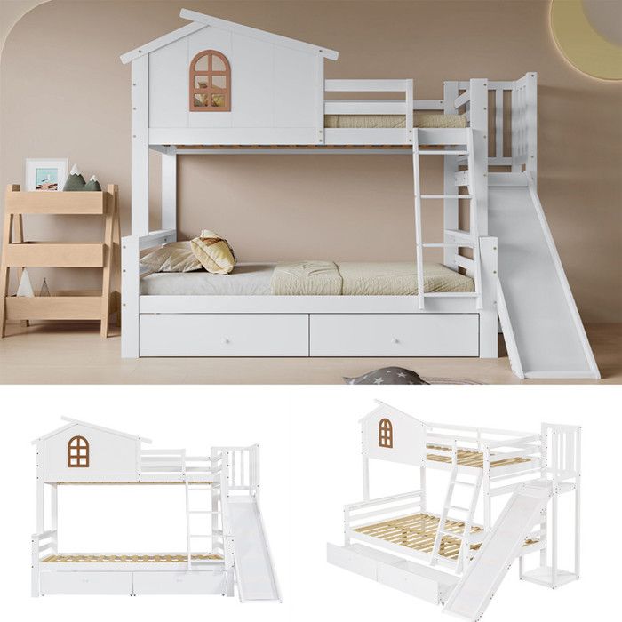 Lit superposé enfant 2 places - 90x200 et 120x200cm - Échelle inclinée & Toboggan et 2 tiroirs - Sécurité EN747 - Blanc