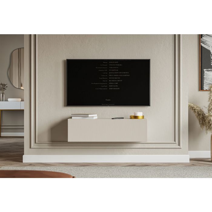 Meuble TV mural avec façades à lamelles rainurées – VELDIO – 100 cm – beige gris