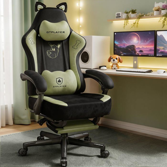 Chaise gaming velours ergo oreilles chat mousse mémoire repose pieds 150 kg