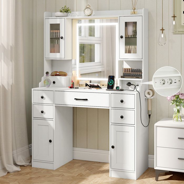 Coiffeuse avec Miroir et Lumières Réglable COSTWAY Prises Électrique 3 Modes Éclairage Support de Sèche-Cheveux Grand Rangement Coiffeuse avec Miroir et Lumières Réglable COSTWAY Prises Électrique 3 Modes Éclairage Support de Sèche-Cheveux Grand Rangement