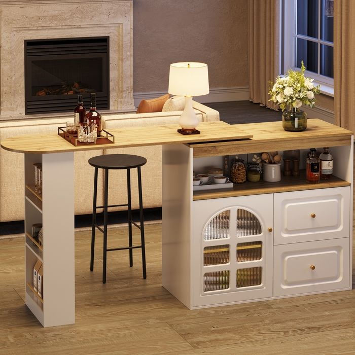Bar pivotant 360° extensible 138–204 x 39 x 104 cm 2 tiroirs porte en verre incurvé blanc