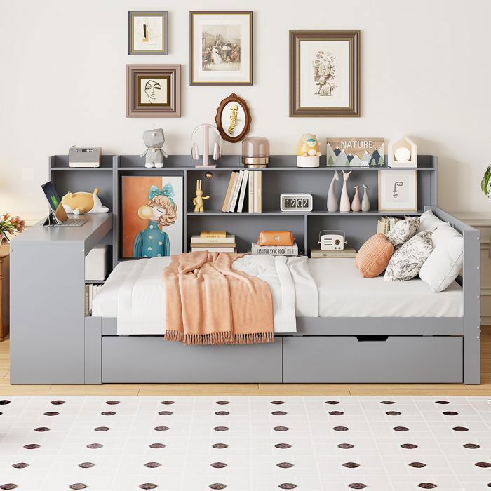 Canapé-lit Maisentiel bois massif 90x200cm avec bureau intégré étagères latérales 2 grands tiroirs prise USB gris