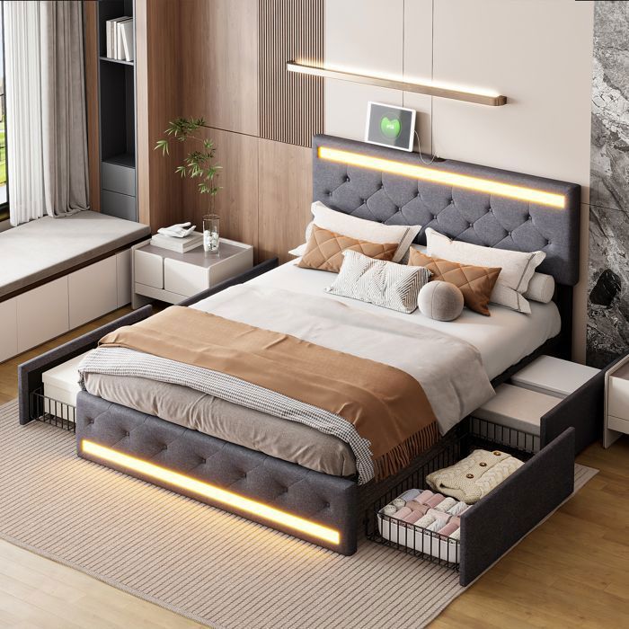 lit avec tiroir 140x190cm - Double lit rangement lin gris - LED réglable bleu - 4 tiroirs & USB Type-C-Design contemporain