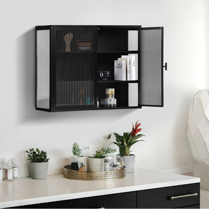 Meuble de Rangement Mural 70cm Noir - Armoire 2 Portes Verre Trempé et 3 Niveaux - Style Industriel Salon Salle de Bain