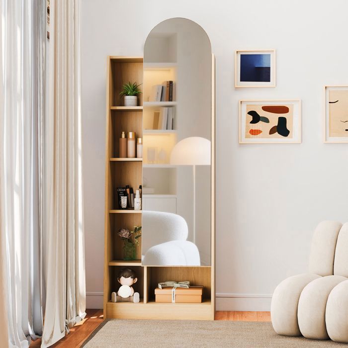 Armoire de Rangement Haute 60x28x165 cm avec Porte Miroir Étagères Réglables et Niches Ouvertes - Bois Naturel