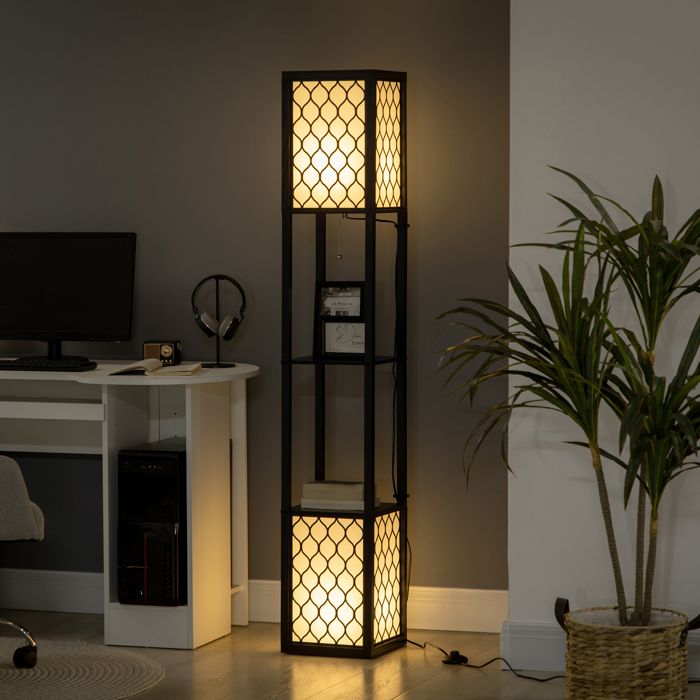MOTHINESSTO1825-Lampadaire étagère 2 lampes 2 étagères 4 niveaux MDF noir motif nid dabeille 26 x 26 x 156 cm noir