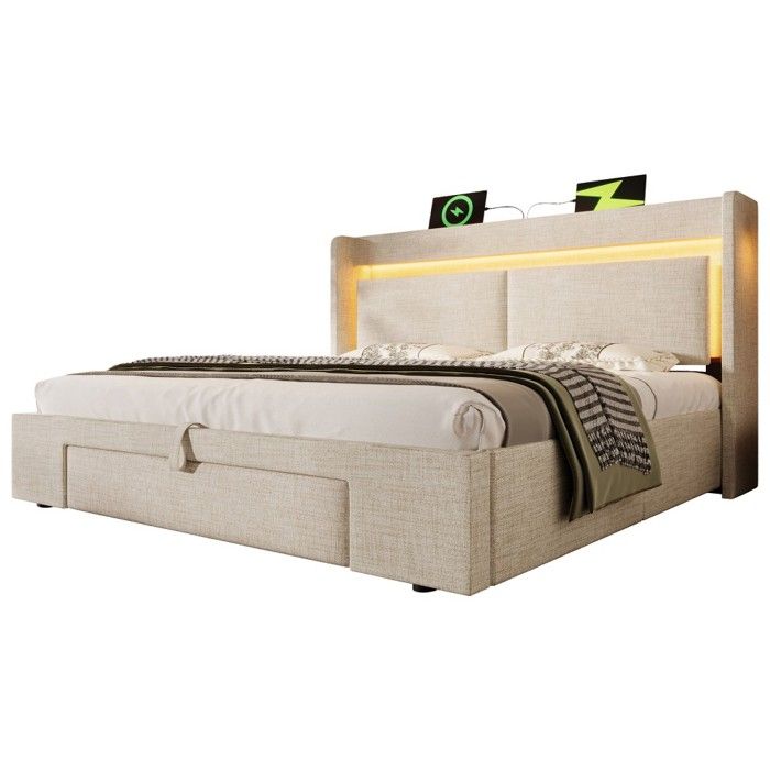 Lit Double-Capitonné-Beige Lin 160x200cm-Rangement Hydraulique-Tête Lit LED-USB-C-Sommier Lattes-Sans Matelas