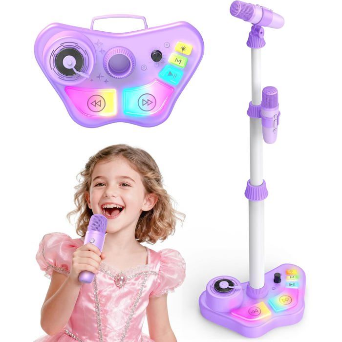 Microphone sur Pied pour Enfants 3+ AnsDouble Micro avec Lumière LED ColoréeHauteur Réglable 47-108 cmBluetooth/TF/USB/AUX