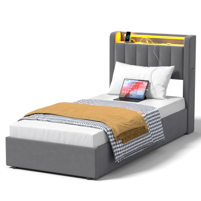 Lit Enfant 90x190 cm Gris – Lit Junior Pratique avec Prises LED et Solutions de Rangement