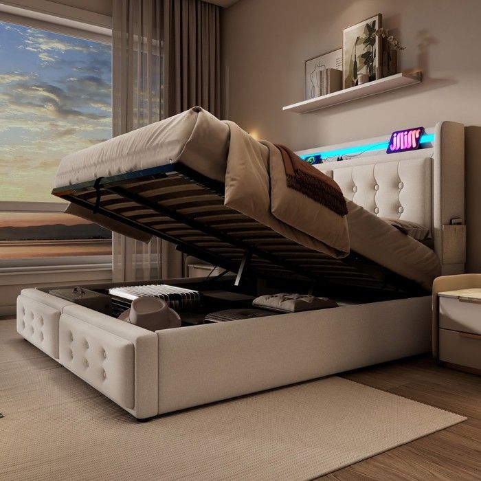 Lit rembourré - 180x200 - Tête LED & USB‑C - Sommier coffre à lattes hydraulique - Cadre métal tissu coton‑lin beige
