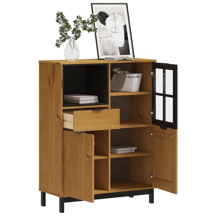 (10228)Commode - contemporain - Buffet rangement - avec porte vitrée FLAM 92x40x122 5 cm bois massif de pin poid:38.8 kg