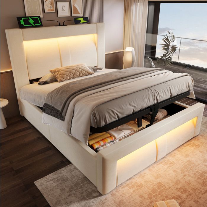 Lit Coffre 90x200 cm - FloraGrace avec Rangement sous Lit LED avec Application et USB Type C sans Matelas - Beige