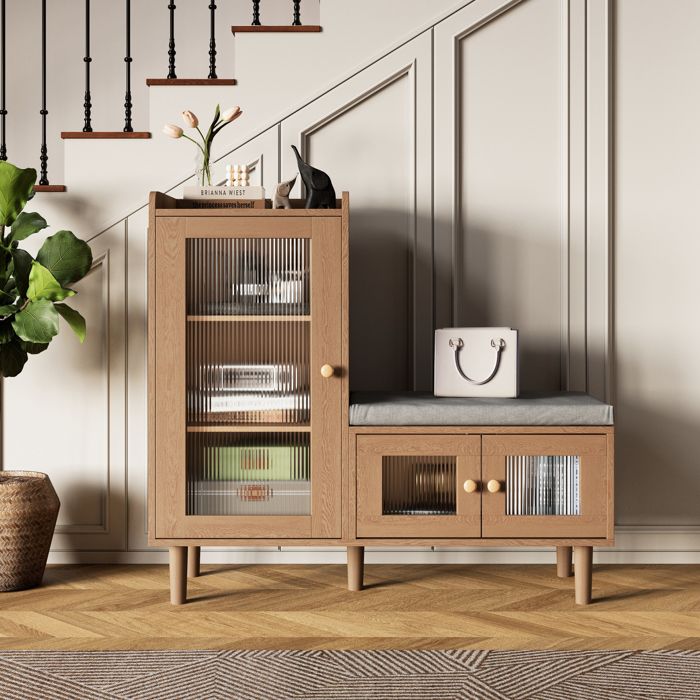 Banc à chaussures avec coussin meuble entrée porte en verre cannelé étagères réglables compartiments plateau bois naturel