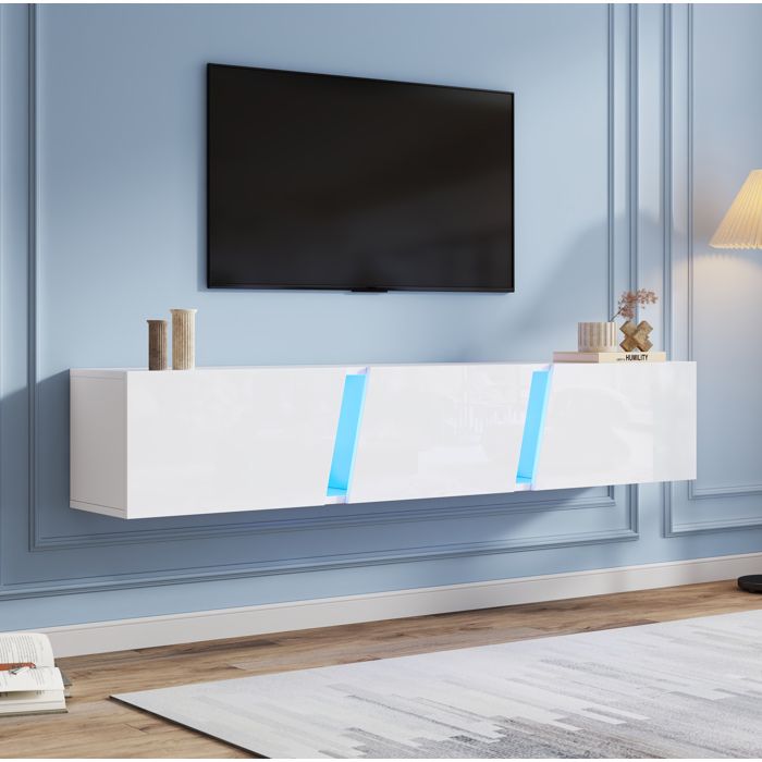 Meuble TV éclairage LED 3 portes laqué blanc 180 x 35 x 30 cm