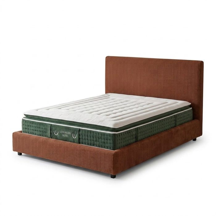 Ensemble lit coffre - SAMPUR - TerraCotta - Velours côtelé - 160x200 - Matelas hôtelier 33 cm