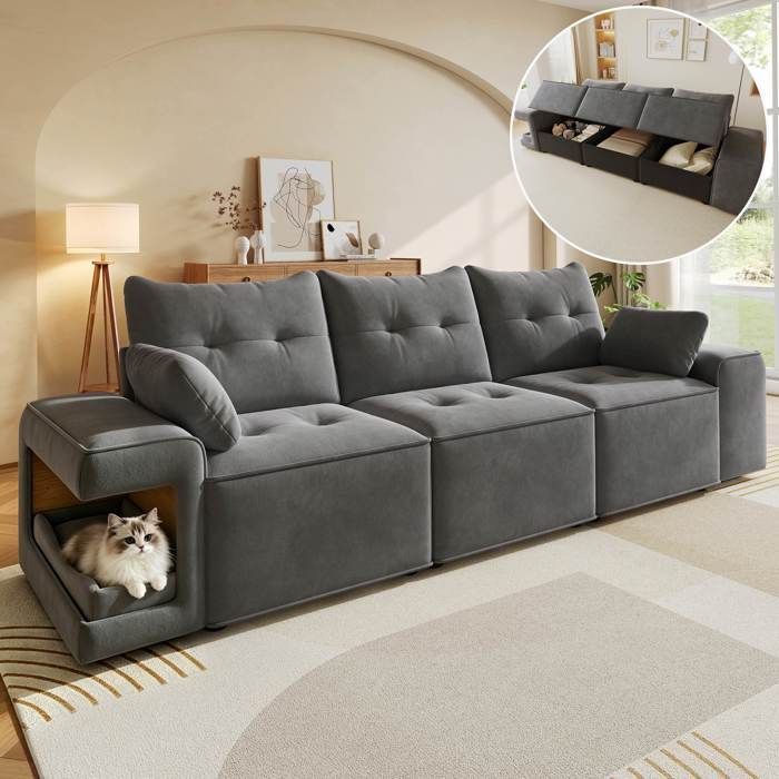 Canapé modulable nuage 3 places 229 5x78x84 cm accoudoirs larges rangement espace animal 2 coussins gris velours