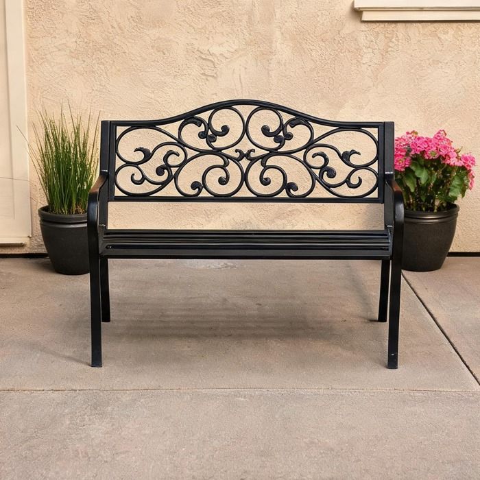 Banc de jardin 3 places en acier et fonte deep black 127 x 60 x 89 cm assise large et dossier haut