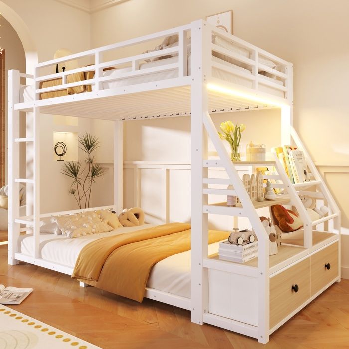 Lit superposé enfant 90×200 cm Lit ado Lit simple en métal avec 2 tiroirs en tissu étagères LED barrière de sécurité - blanc