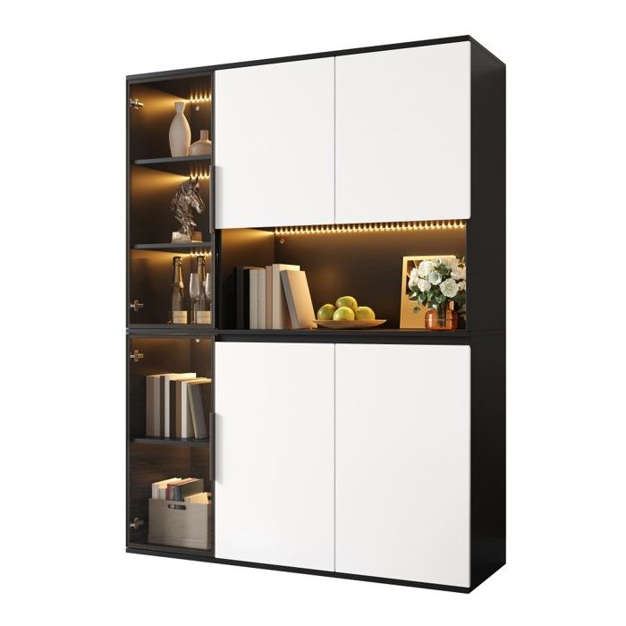 Vitrine Armoire Haute MDF Noir Blanc 120x40x160 Verre LED Meuble Rangement Multifonction Salon Salle à Manger Moderne Vitrine Armoire Haute MDF Noir Blanc 120x40x160 Verre LED Meuble Rangement Multifonction Salon Salle à Manger Moderne
