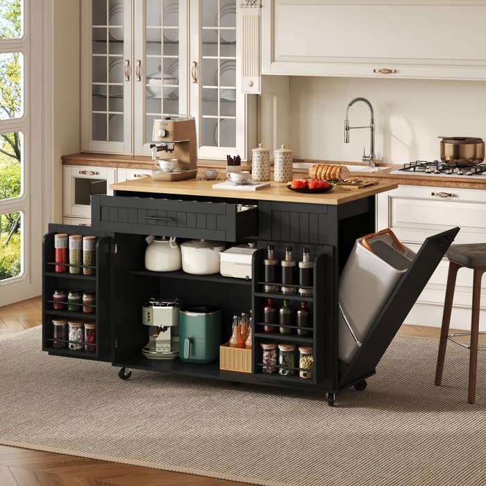 Îlot de cuisine mobile 130 × 45 (70) × 93 cm buffet moderne avec plan de travail pliable et roulettes verrouillables à 360° noir