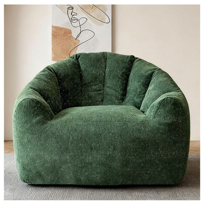 Fauteuil Poire 1 Place Ergonomique Rond avec Accoudoirs - MODENVIE - Format Spacieux Relaxation Flannelette Verte