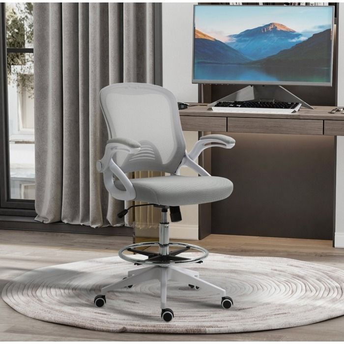 Chaise de bureau ergonomique à roulettes avec accoudoirs relevables anneau repose-pieds basculante gris clair