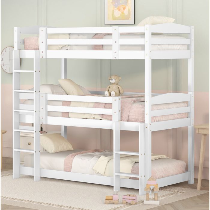WOVREO Lit superposé triple enfant 90 x 200 cm en pin et MDF blanc avec 2 échelles sans matelas