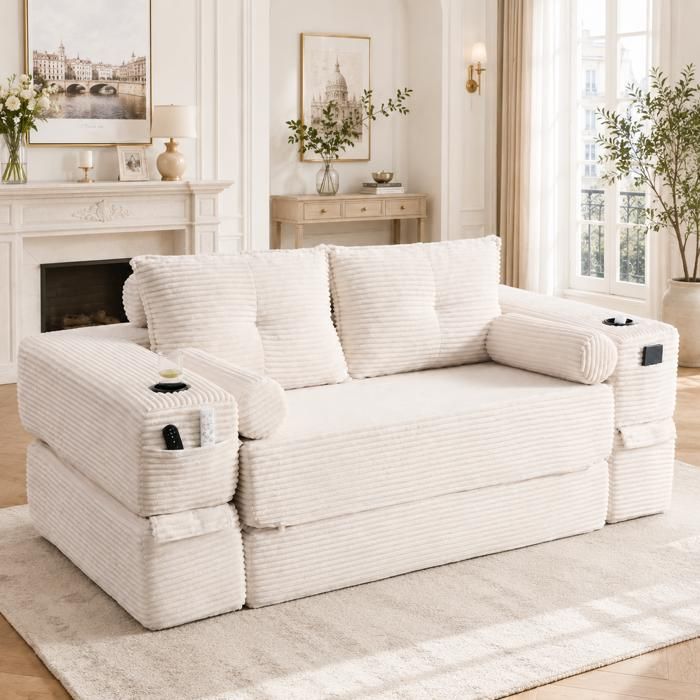 Canapé Convertible 2 Places Mousse Densité 30 et Porte-Gobelet - TCQPZ - Accoudoirs Amovibles Velours Côtelé Beige