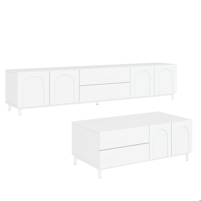 Ensemble de meubles de salon comprenant un meuble TV et une table basse avec un design de porte cintrée blanc. Ensemble de meubles de salon comprenant un meuble TV et une table basse avec un design de porte cintrée blanc.