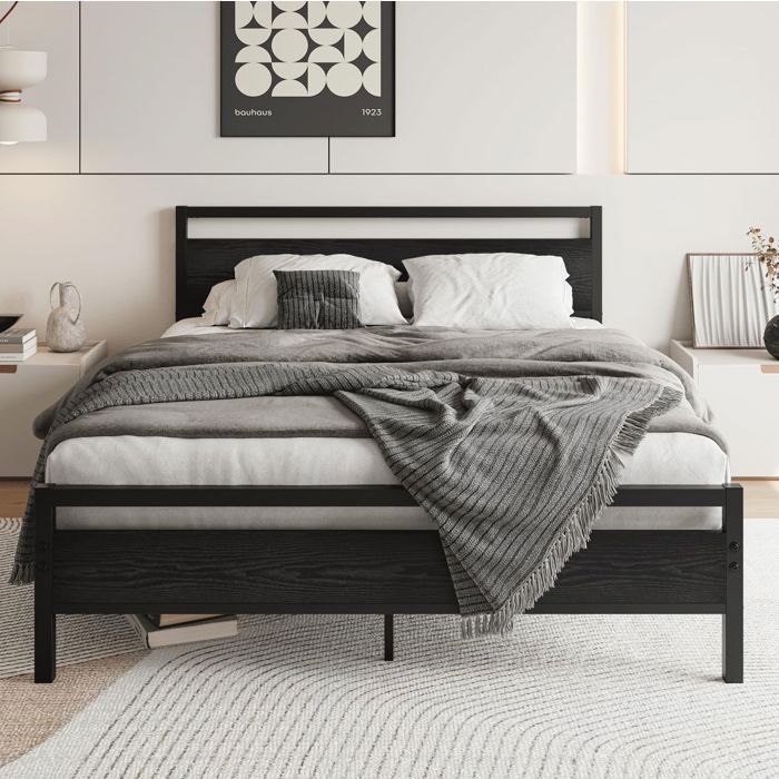 WOVREO Cadre de lit 140x200 cm avec sommier à lattes métal et MDF noir tête et pied de lit