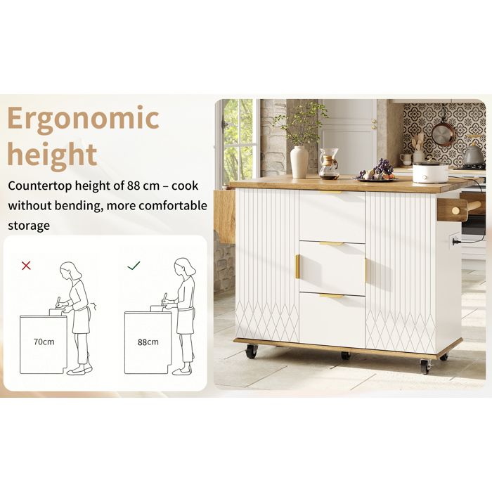 Desserte de cuisine mobile avec plan de travail rabattable prises intégrées 3 tiroirs 2 placards blanc et décor bois