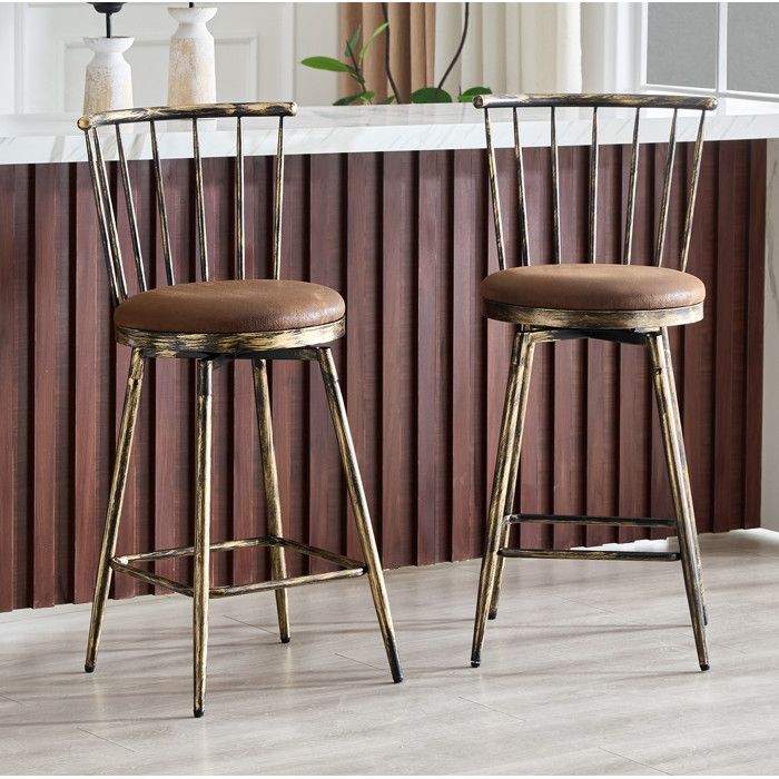 WUVRIE Lot de 2 tabourets de bar style Windsor en métal et tissu marron assise rembourrée repose-pieds