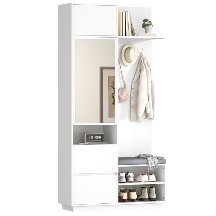 Meuble de rangement entrée 90x34x190 cm blanc avec miroir et banc 5 fonctions
