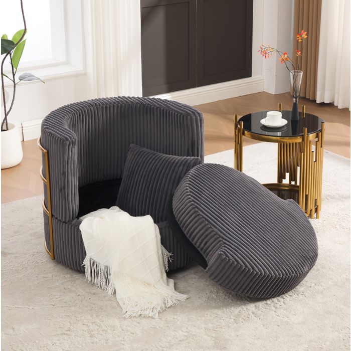 Fauteuil de relaxation pivotant 360° en velours côtelé gris avec accoudoirs rembourrés et rangement