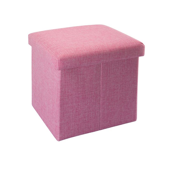 Pouf coffre de rangement pliable 30x30x30 cm rose fleur de cerisier - tabouret cube tissu aspect lin avec couvercle