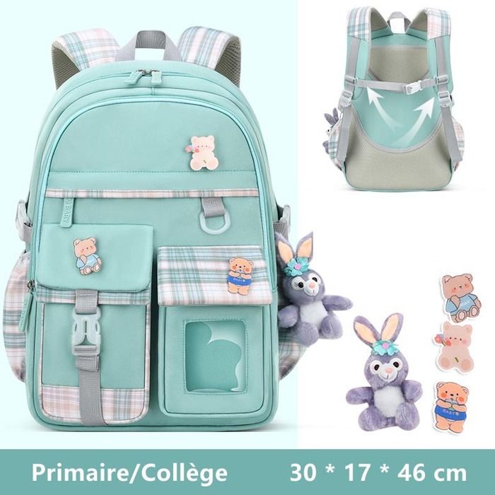 Sac à Dos Scolaire Fille Primaire Collège Nylon Imperméable Léger Multi-Poches Avec Pendentif Pour Enfants 9 - 16 Ans - L - Vert
