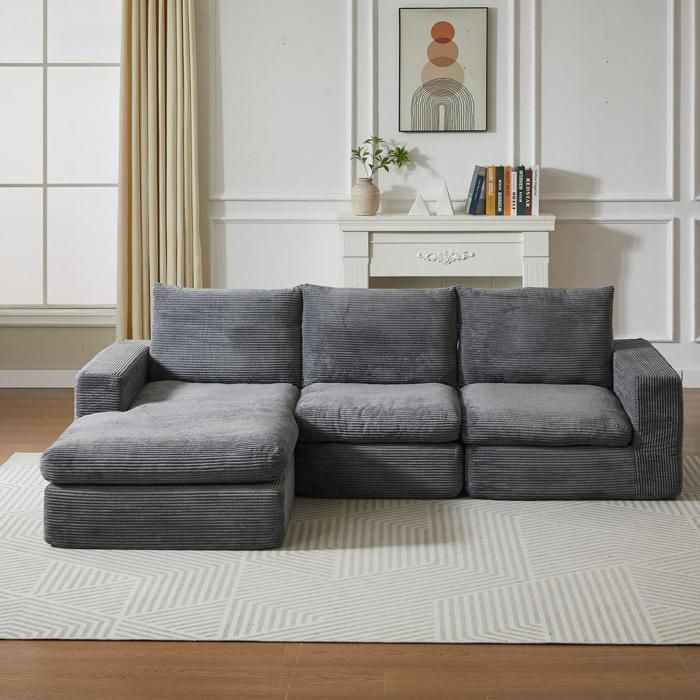 Canapé - KOMHTOM - Canapé modulaire forme L méridienne - 3 places - Velours côtelé - Gris foncé Canapé - KOMHTOM - Canapé modulaire forme L méridienne - 3 places - Velours côtelé - Gris foncé