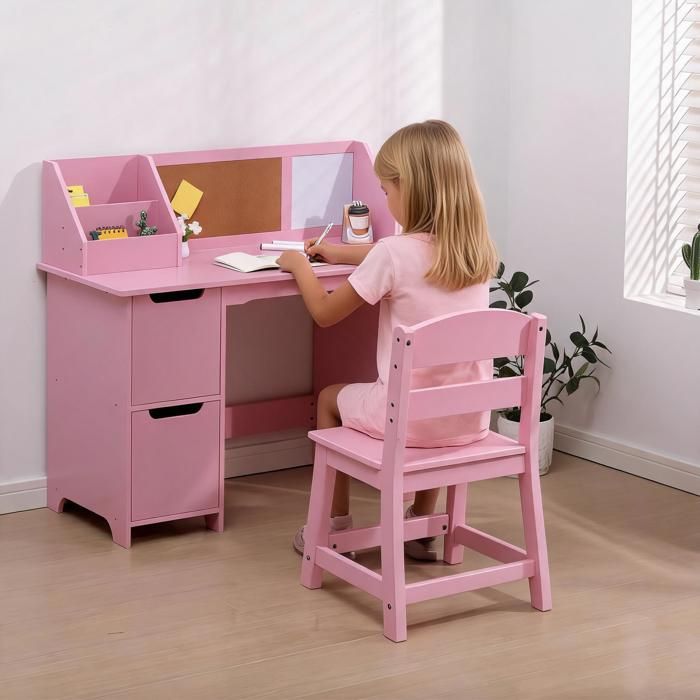 Bureau Enfant avec Chaise- Tableau dAffichage Et Armoires - Parfait pour École/Maison 3-8 Ans  Rose