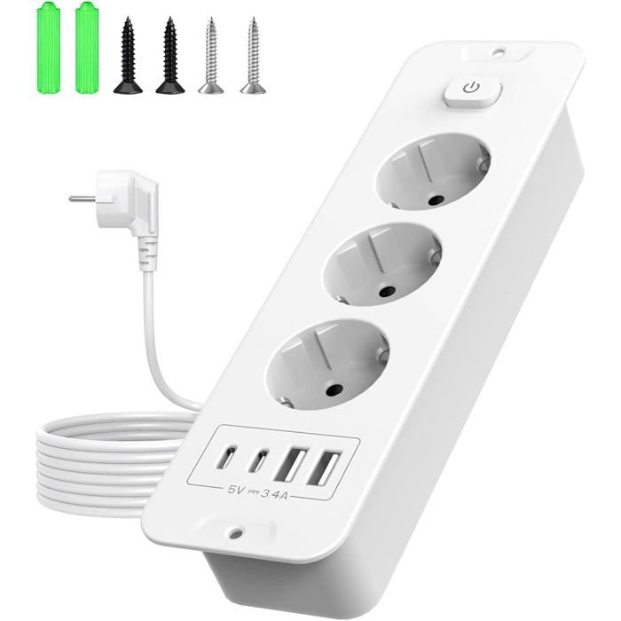 Prise encastrable escamotable avec 3 prises et 4 ports USB dont 2 USB-C PD 20 W pour bureau armoire maison blanc