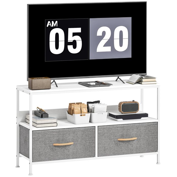 Meuble TV - HOMCOM - pour téléviseur jusquà 47 pouces - 1 étagère 2 tiroirs pliables - 98 x 29 x 56 cm - blanc et gris clair Meuble TV - HOMCOM - pour téléviseur jusquà 47 pouces - 1 étagère 2 tiroirs pliables - 98 x 29 x 56 cm - blanc et gris clair