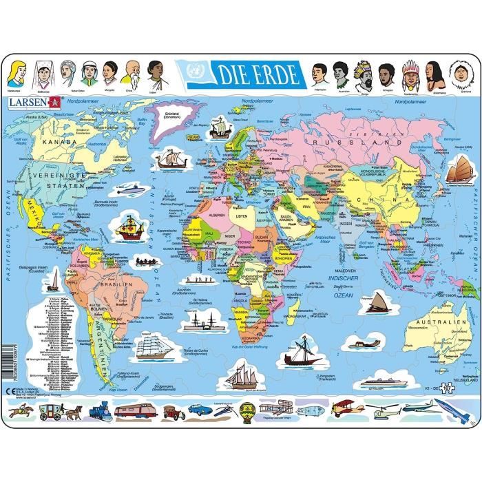 Larsen Carte Du Monde Politique – Puzzle Cadre 107 Pièces – Édition Allemande – Dès 10 Ans