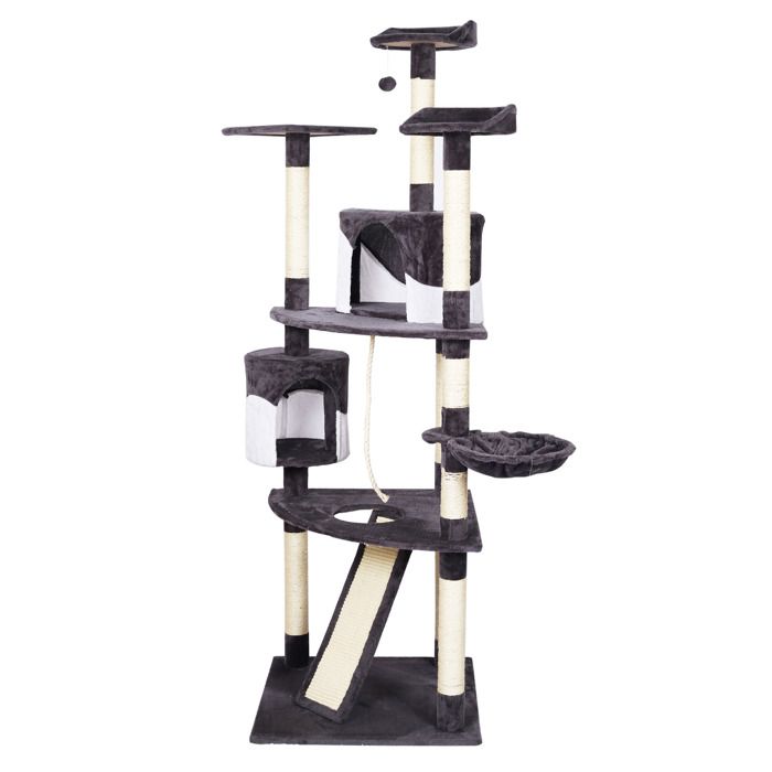 Arbre à chats gris/blanc avec Sisal 198cm Arbre de grattage avec Planche de grattage, Hamac, Cabanes