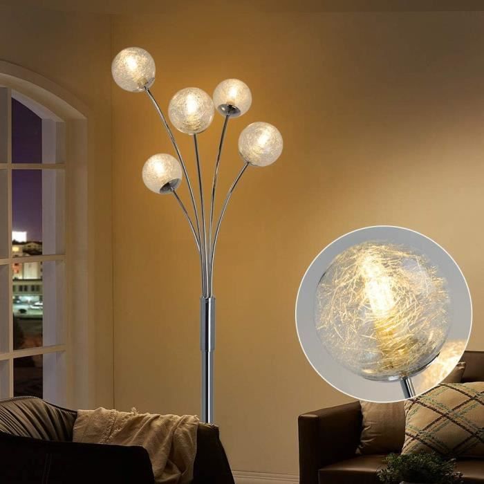 Lampadaire 5 Lumières Boules Verre – Design Moderne Avec Bras Flexibles Et Interrupteur Pied, 177,5 Cm