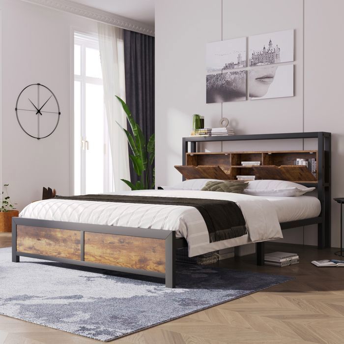 Lit double en métal - Vintage - 140x200 cm - 200 kg max - Sommier inclus