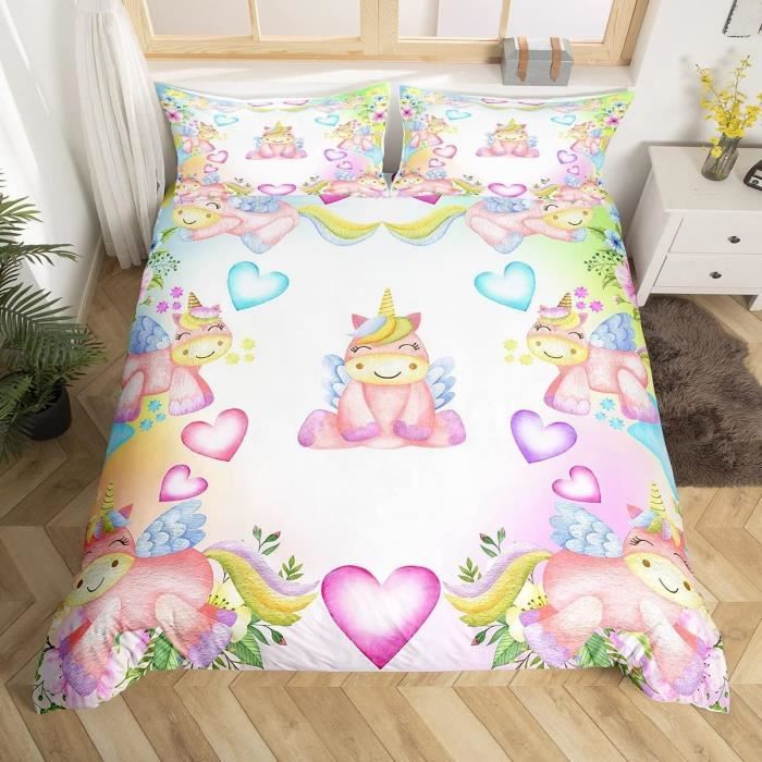 Parure De Lit 140x200cm Motif Chat Kawaii - Housse De Couette Microfibre + 2 Taies 65x65cm, Fermeture Éclair