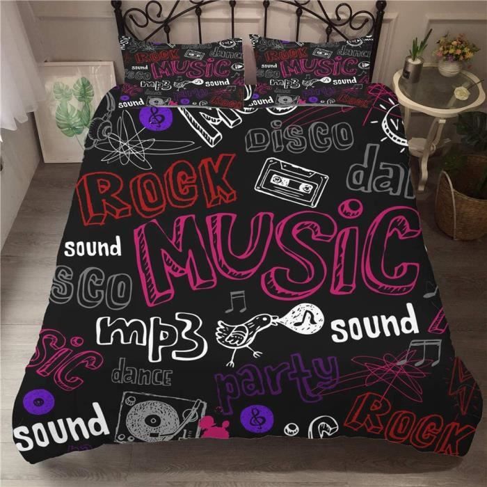 Housse De Couette Enfant 140x200 Cm Thème Rock - Microfibre Imprimée 3D Avec 2 Taies D'oreiller