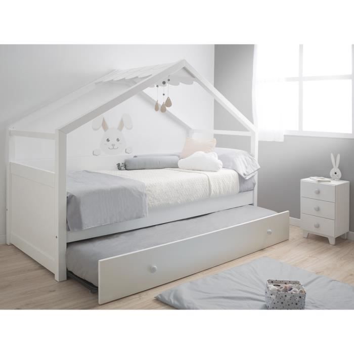 lit cabane gigogne 90x190 avec toit (blanc)