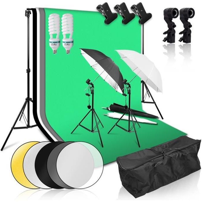 Kit de fond de parapluie d'éclairage continu de photographie + 1,6 * 3 mètres fond non tissé noir et blanc gris vert