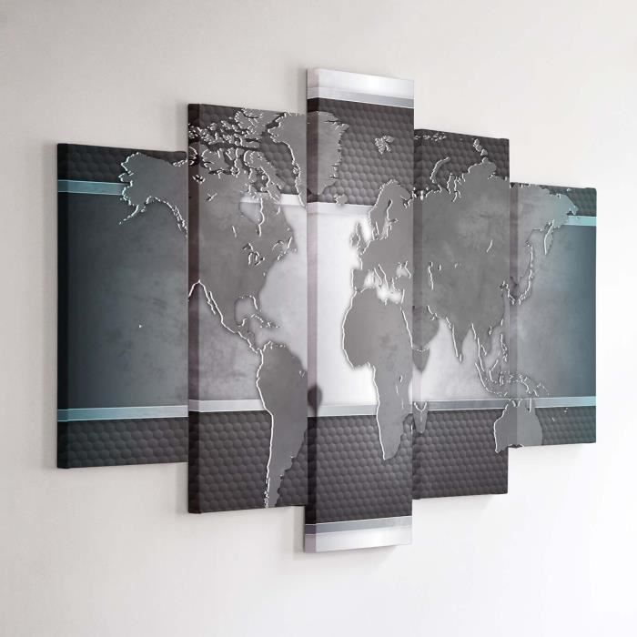  Tableau  d co multi panneaux 100x150 CARTE DU  MONDE  GRISE 