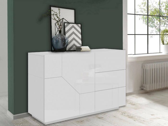 Buffet 2 Portes 3 Tiroirs Marzialo - Blanc Brillant Et Doré, 158x41x87.2 Cm